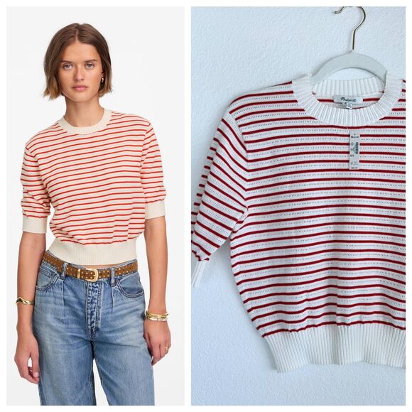 Madewell Sweaters - NWT Madewell Women's Textural-Stitch Cotton Sweater in Bright Flame Stripe Sz XS